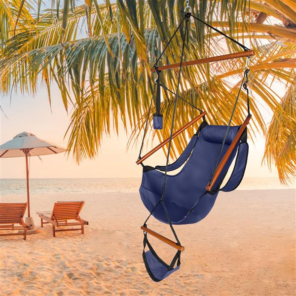 Oxford Cloth Hardwood With Cup Holder Wooden Stick Perforated 100kg Seaside Courtyard Oxford Cloth Hanging Chair   Blue