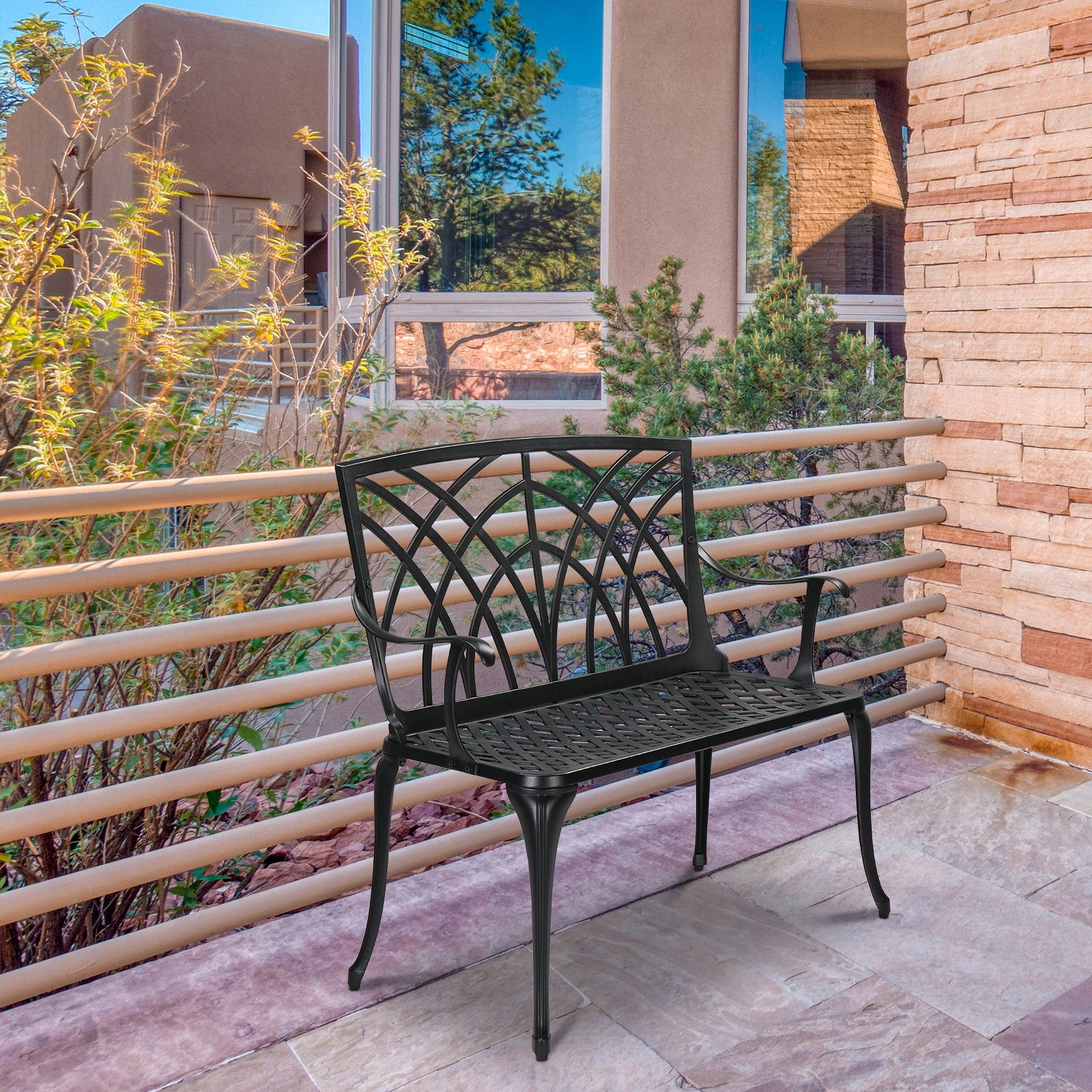 38in Outdoor Orchid Back  Aluminum Bench Black