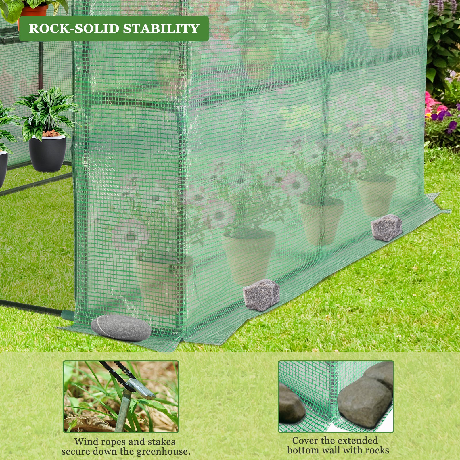 143x143x195cm Black Iron Pipe Steeple With 8 Pieces Grid Flower Stand With Zipper Rolling Door PE Cloth Greenhouse