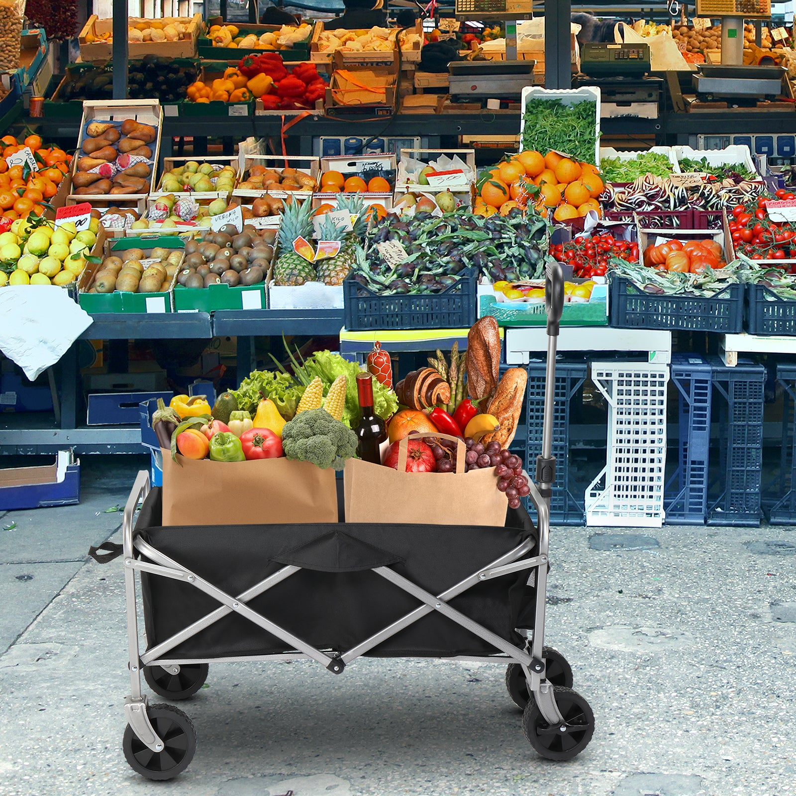 74.5*45.5*84cm 100kg 600d Oxford Cloth Steel Frame Flat Folding Style Black Cloth Silver Frame Garden Folding Cart