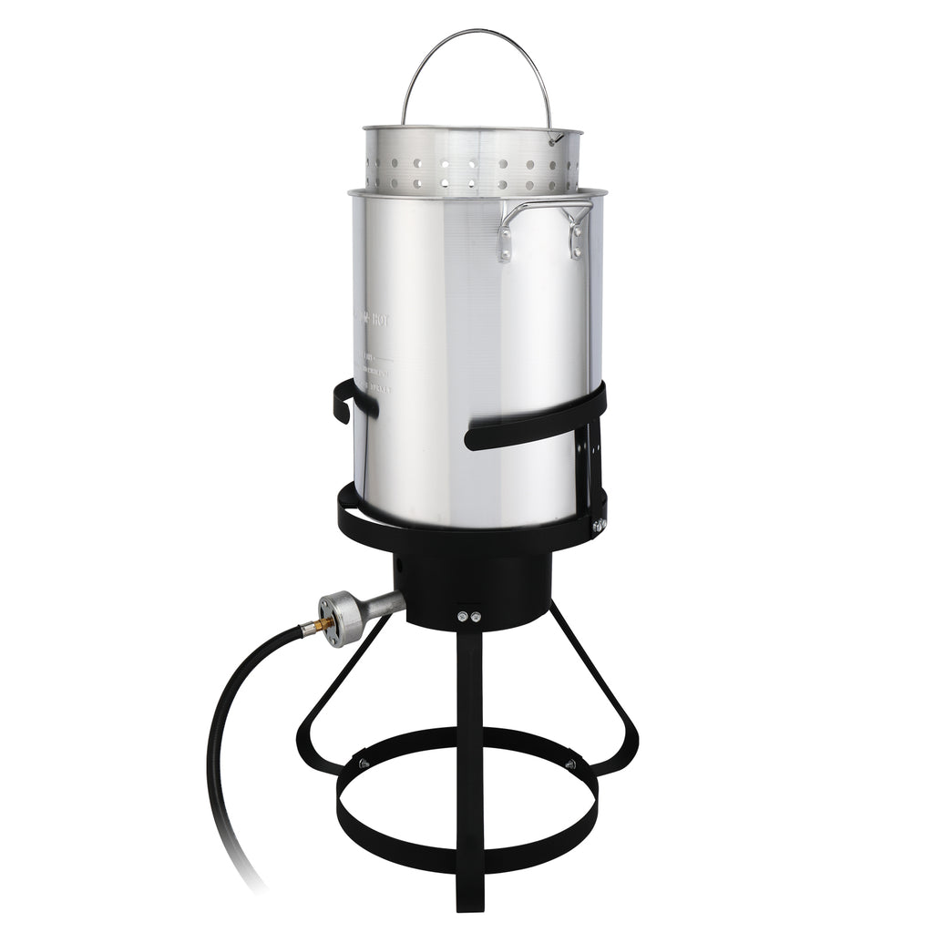 13*32inch Four-Piece Set, Black Round Iron Stove Frame, Silver Aluminum 30qt Turkey Pot 10qt Fish Pot, Gas Fryer