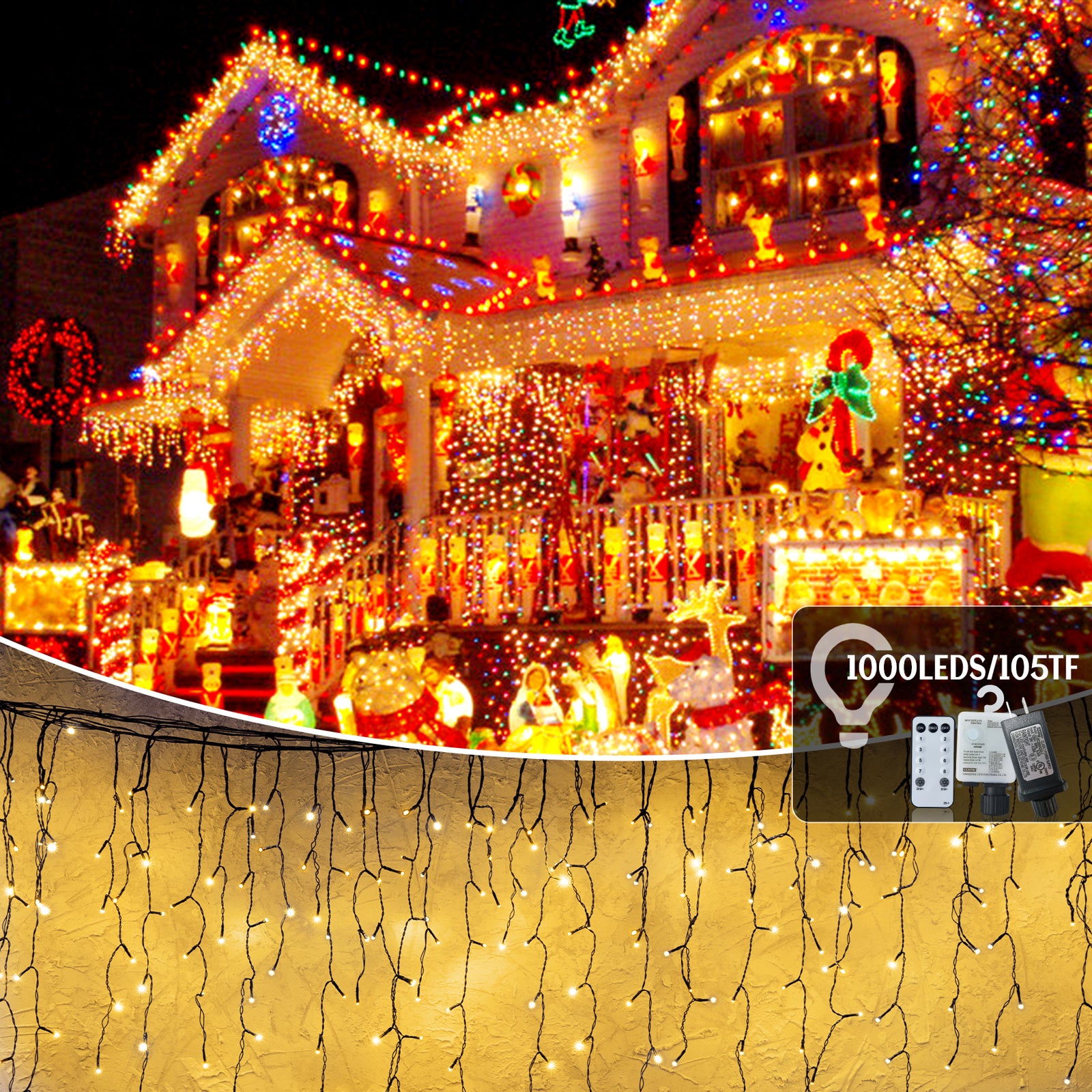 105ft Outdoor Christmas Decoration Lights,1000 LED 8 Modes Curtain Fairy Lights with 50 Drops,Plug in,Waterproof,Timer,Memory Function for Christmas Holiday Wedding Party Decorations