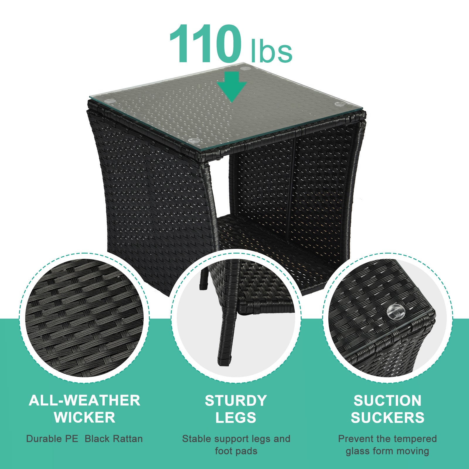 Outdoor Patio Wicker Side Table, Square End Table Bistro Coffee Table with Glass Top Storage Shelf for Porch Garden Backyard Black(SAME AS 70525212 )