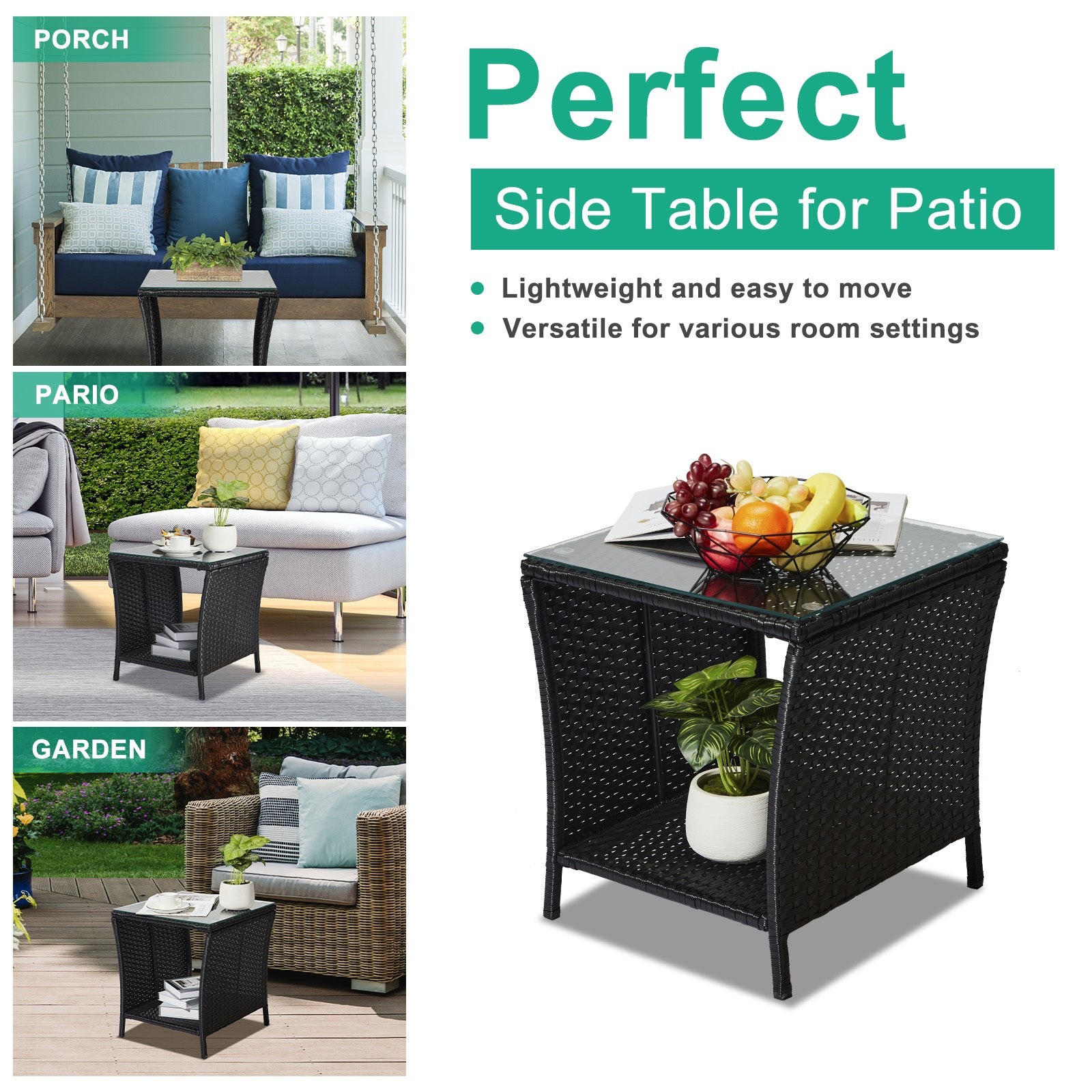 Outdoor Patio Wicker Side Table, Square End Table Bistro Coffee Table with Glass Top Storage Shelf for Porch Garden Backyard Black(SAME AS 70525212 )
