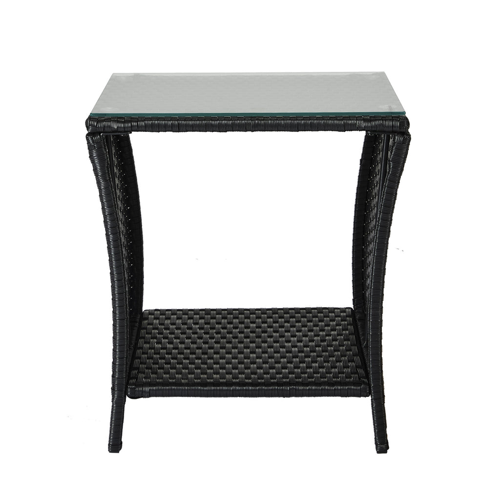 Outdoor Patio Wicker Side Table, Square End Table Bistro Coffee Table with Glass Top Storage Shelf for Porch Garden Backyard Black(SAME AS 70525212 )