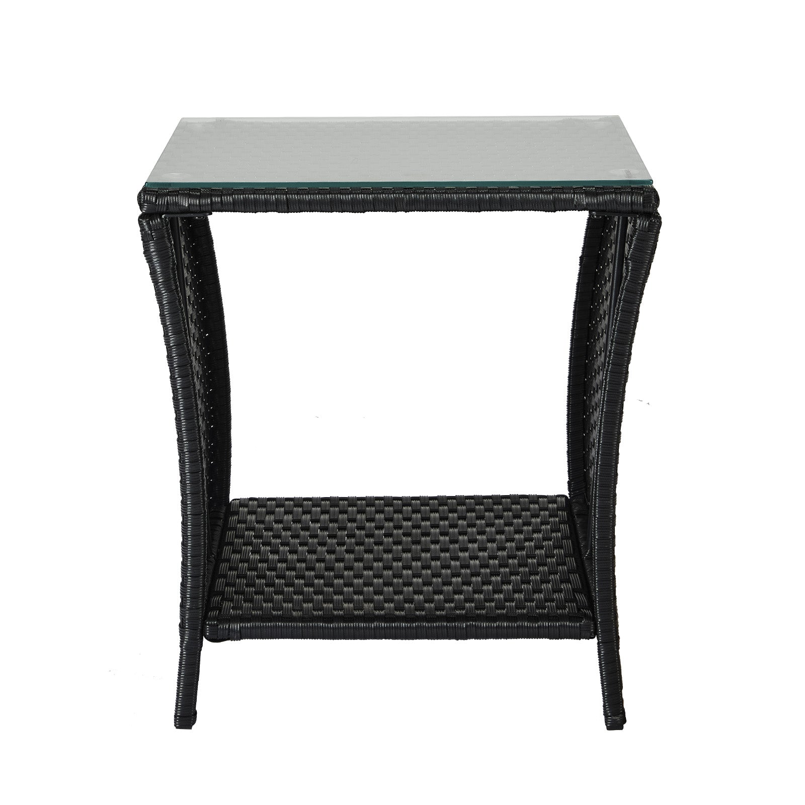 Outdoor Patio Wicker Side Table, Square End Table Bistro Coffee Table with Glass Top Storage Shelf for Porch Garden Backyard Black(SAME AS 70525212 )