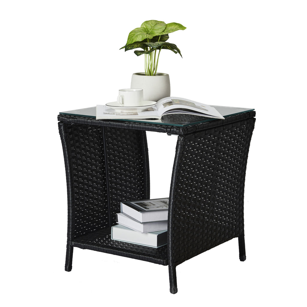 Outdoor Patio Wicker Side Table, Square End Table Bistro Coffee Table with Glass Top Storage Shelf for Porch Garden Backyard Black(SAME AS 70525212 )