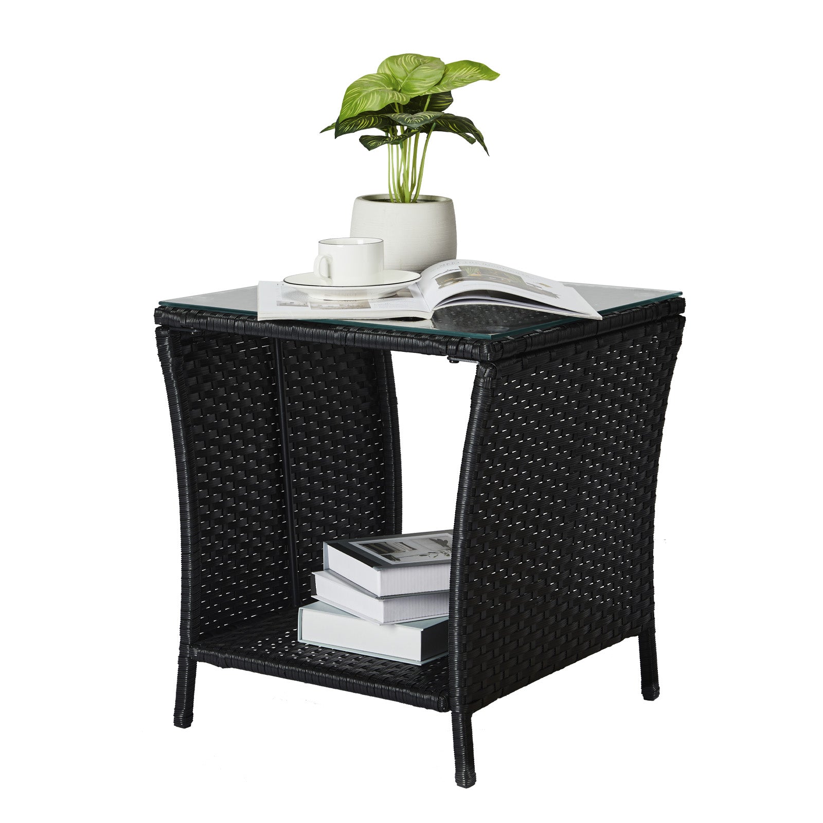 Outdoor Patio Wicker Side Table, Square End Table Bistro Coffee Table with Glass Top Storage Shelf for Porch Garden Backyard Black(SAME AS 70525212 )