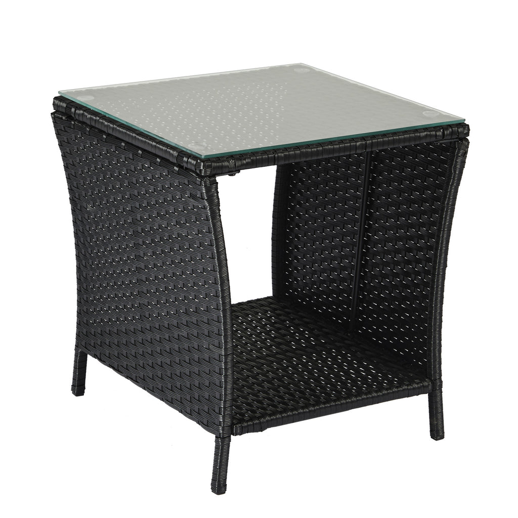 Outdoor Patio Wicker Side Table, Square End Table Bistro Coffee Table with Glass Top Storage Shelf for Porch Garden Backyard Black(SAME AS 70525212 )