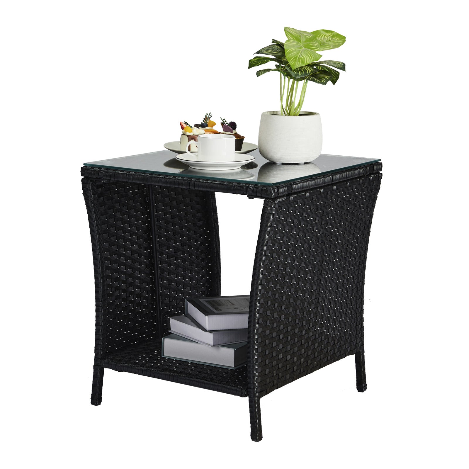 Outdoor Patio Wicker Side Table, Square End Table Bistro Coffee Table with Glass Top Storage Shelf for Porch Garden Backyard Black(SAME AS 70525212 )
