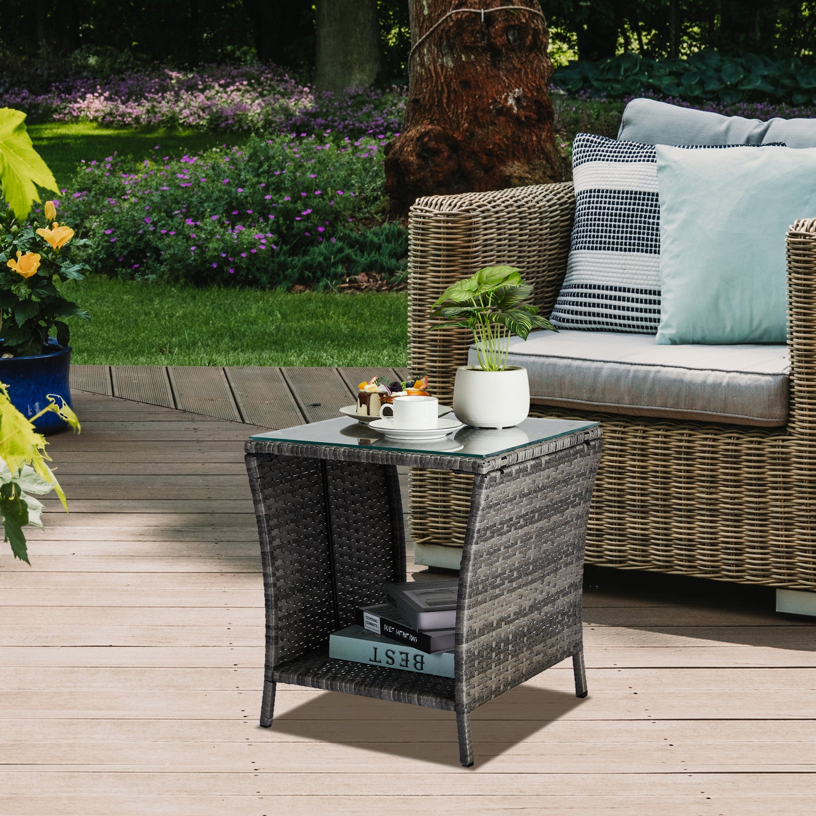Outdoor Patio Wicker Side Table, Square End Table Bistro Coffee Table with Glass Top Storage Shelf for Porch Garden Backyard Grey（SAME AS 19215985）