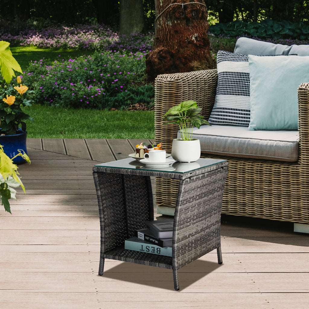 Outdoor Patio Wicker Side Table, Square End Table Bistro Coffee Table with Glass Top Storage Shelf for Porch Garden Backyard Grey（SAME AS 19215985）