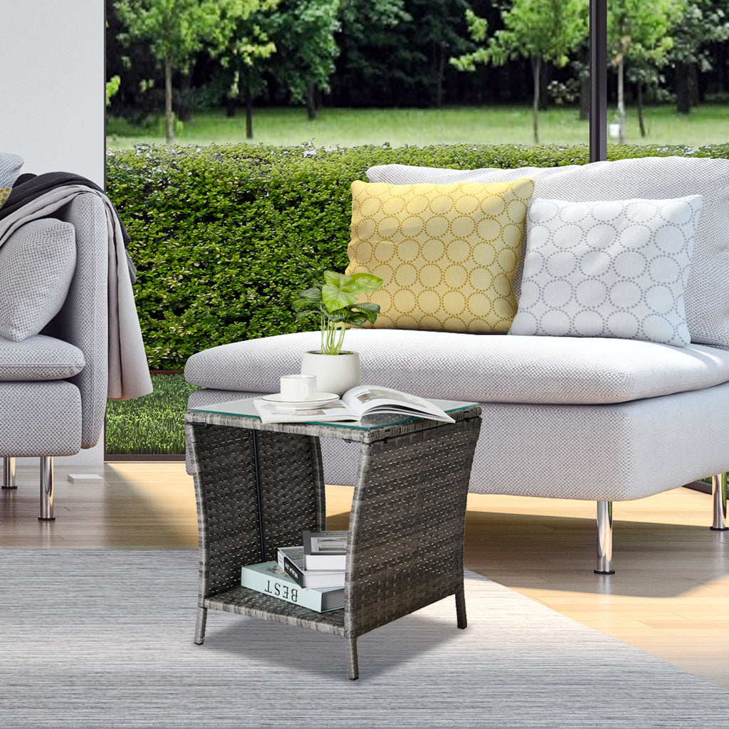 Outdoor Patio Wicker Side Table, Square End Table Bistro Coffee Table with Glass Top Storage Shelf for Porch Garden Backyard Grey（SAME AS 19215985）