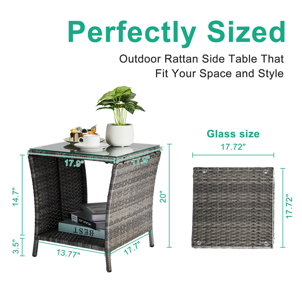Outdoor Patio Wicker Side Table, Square End Table Bistro Coffee Table with Glass Top Storage Shelf for Porch Garden Backyard Grey（SAME AS 19215985）