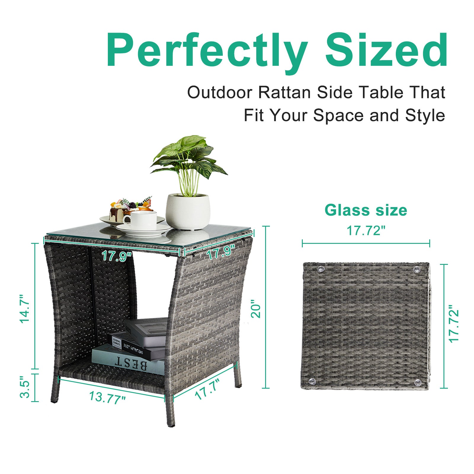 Outdoor Patio Wicker Side Table, Square End Table Bistro Coffee Table with Glass Top Storage Shelf for Porch Garden Backyard Grey（SAME AS 19215985）