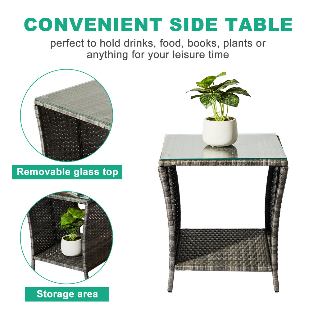 Outdoor Patio Wicker Side Table, Square End Table Bistro Coffee Table with Glass Top Storage Shelf for Porch Garden Backyard Grey（SAME AS 19215985）