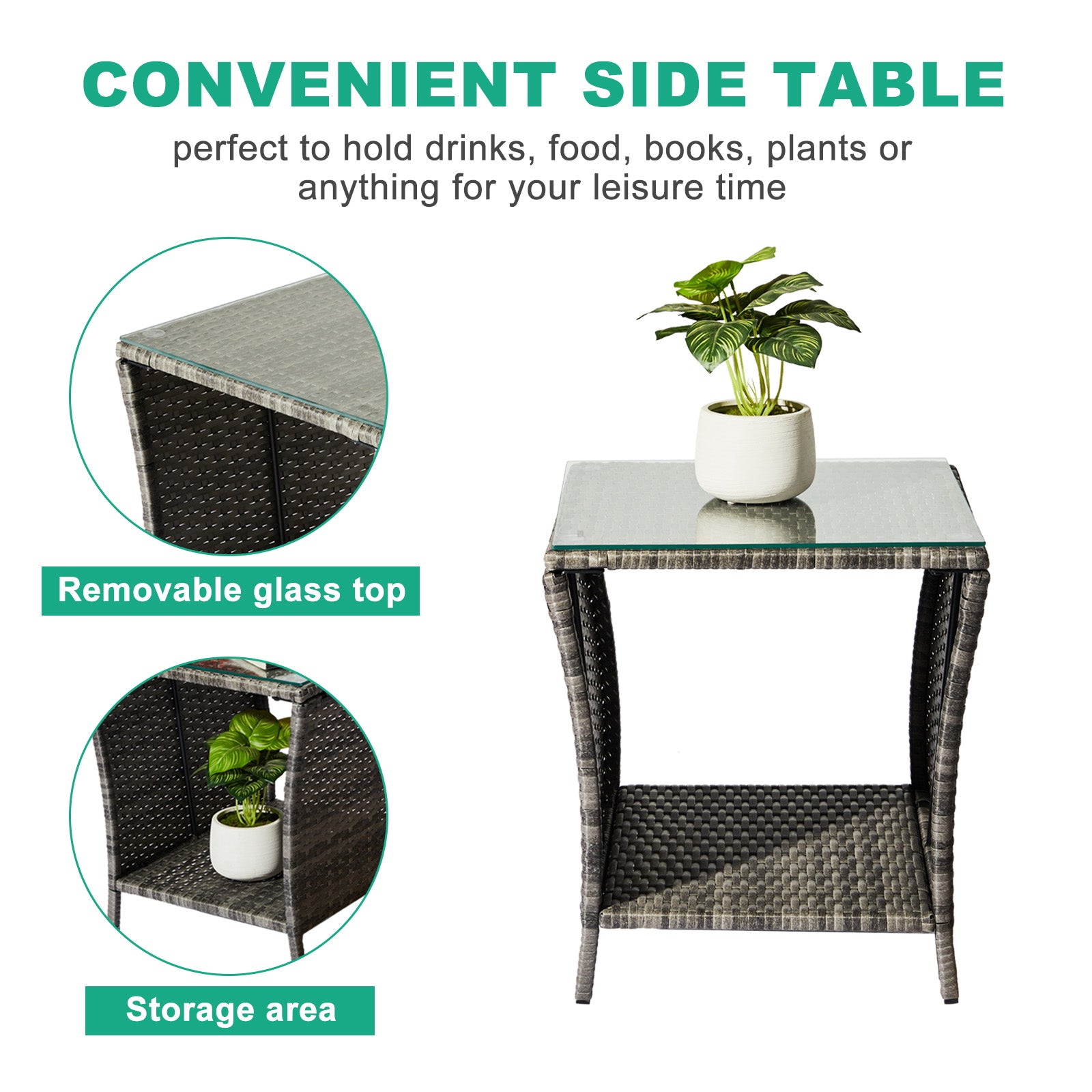 Outdoor Patio Wicker Side Table, Square End Table Bistro Coffee Table with Glass Top Storage Shelf for Porch Garden Backyard Grey（SAME AS 19215985）