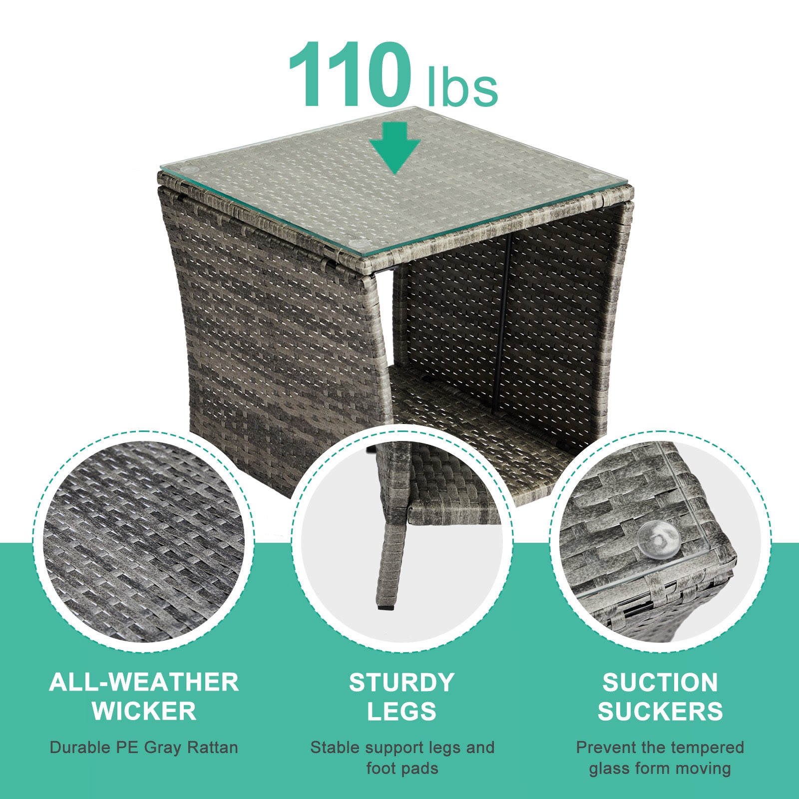 Outdoor Patio Wicker Side Table, Square End Table Bistro Coffee Table with Glass Top Storage Shelf for Porch Garden Backyard Grey（SAME AS 19215985）