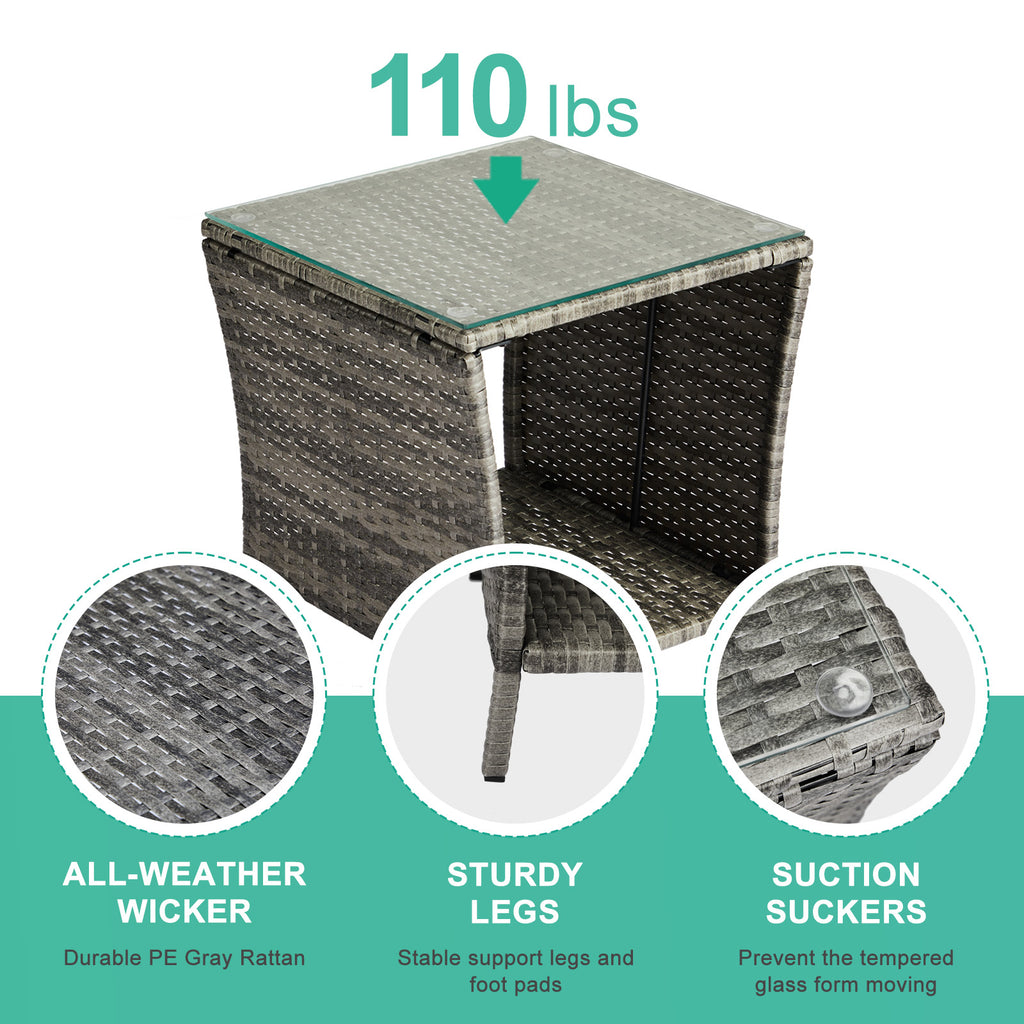Outdoor Patio Wicker Side Table, Square End Table Bistro Coffee Table with Glass Top Storage Shelf for Porch Garden Backyard Grey（SAME AS 19215985）