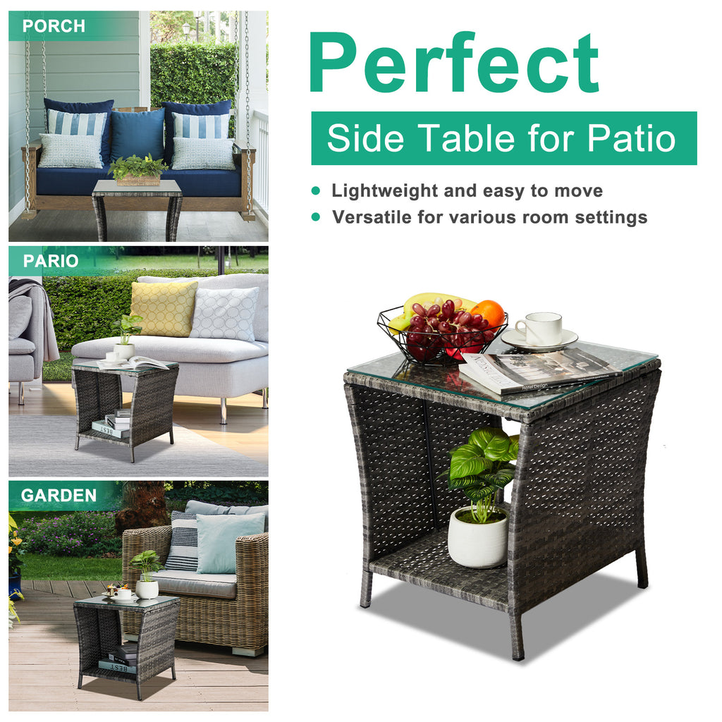 Outdoor Patio Wicker Side Table, Square End Table Bistro Coffee Table with Glass Top Storage Shelf for Porch Garden Backyard Grey（SAME AS 19215985）