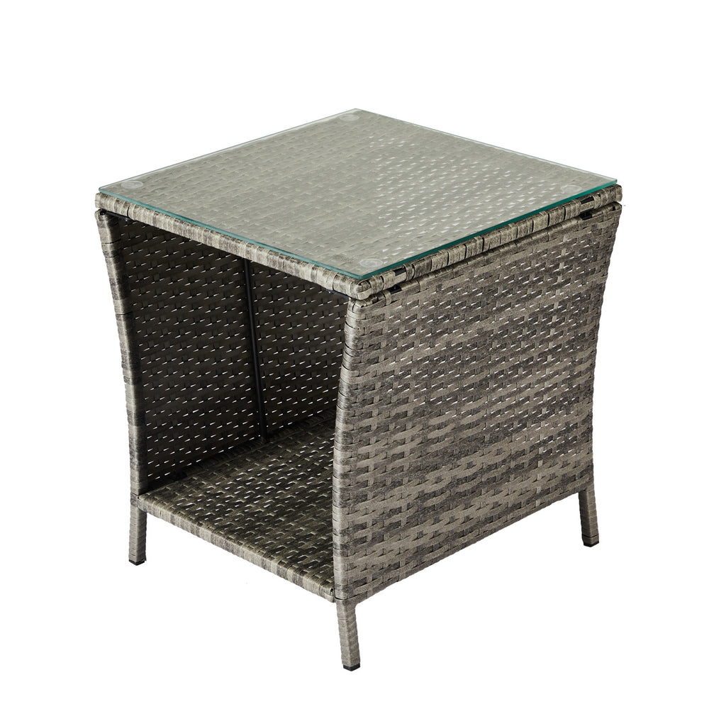Outdoor Patio Wicker Side Table, Square End Table Bistro Coffee Table with Glass Top Storage Shelf for Porch Garden Backyard Grey