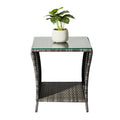 Outdoor Patio Wicker Side Table, Square End Table Bistro Coffee Table with Glass Top Storage Shelf for Porch Garden Backyard Grey（SAME AS 19215985）