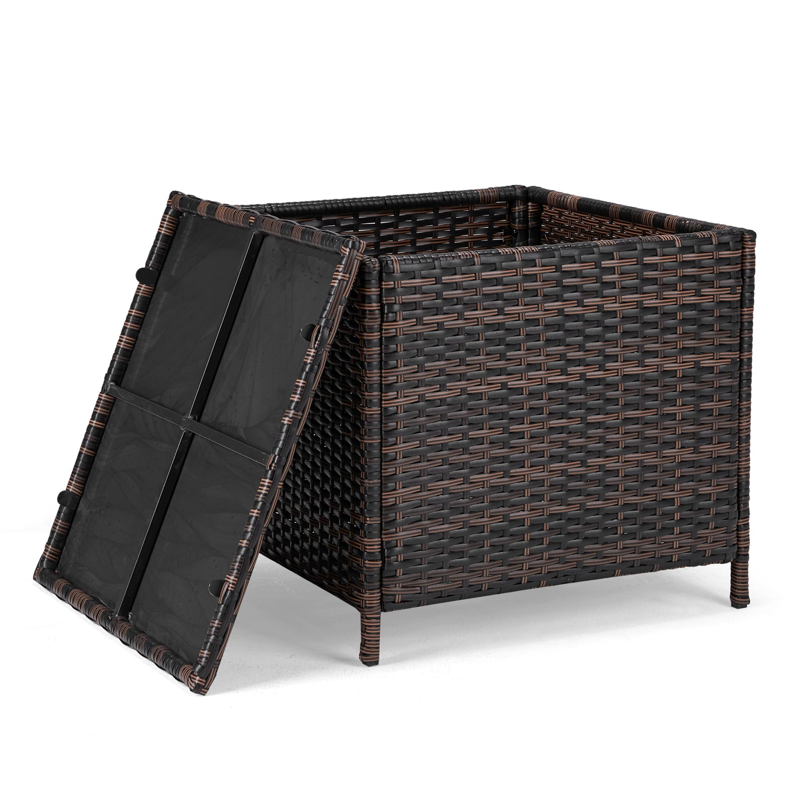 Outdoor PE Wicker Side Table with Storage, Patio Rattan End Table Square Container for Furniture Covers, Toys and Gardening Tools, Brown