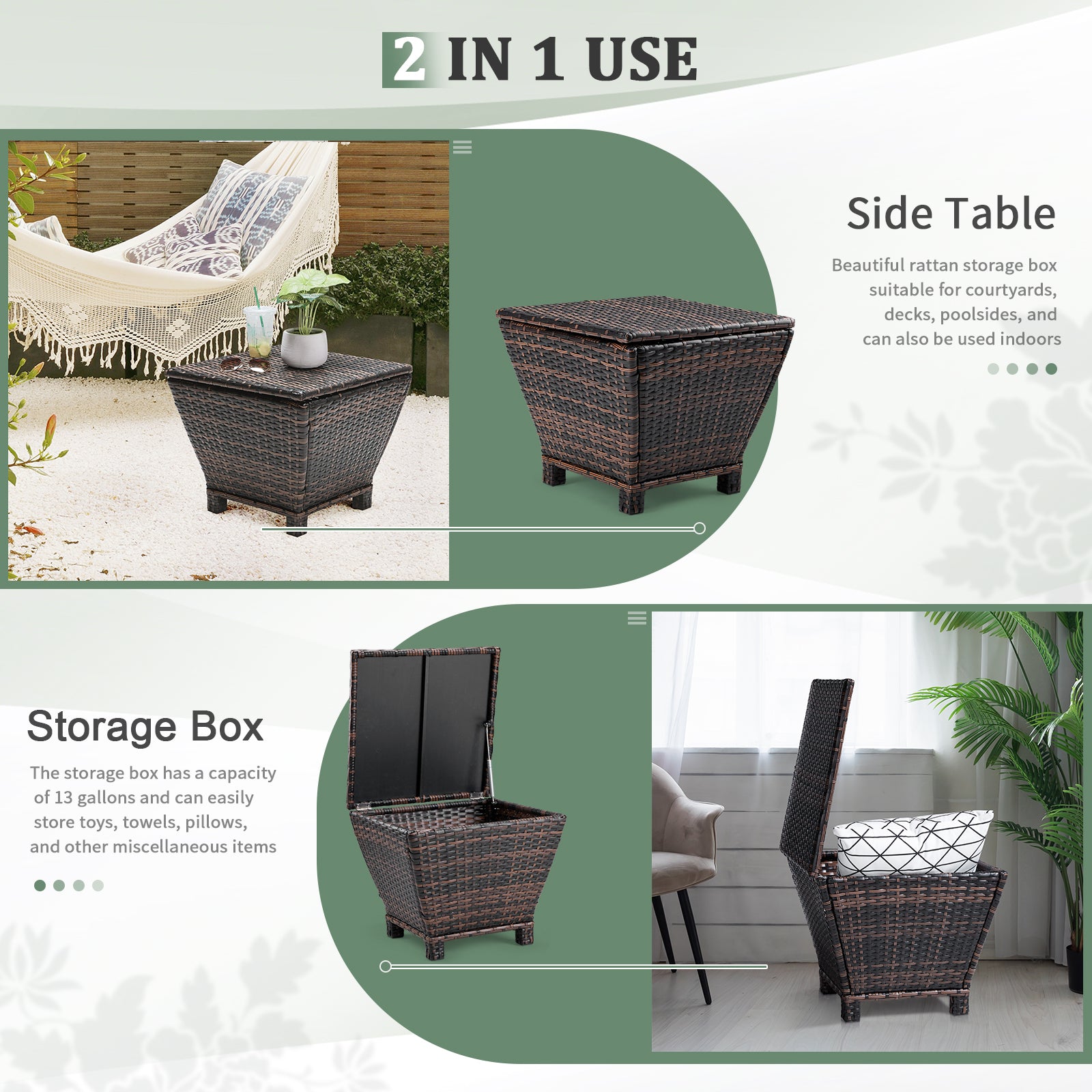 Outdoor PE Wicker Side Table with Storage, Small Patio Storage Bin Container for Hose Cushion Towel, Brown（SAME AS 46755449）