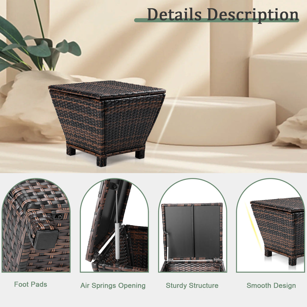 Outdoor PE Wicker Side Table with Storage, Small Patio Storage Bin Container for Hose Cushion Towel, Brown（SAME AS 46755449）