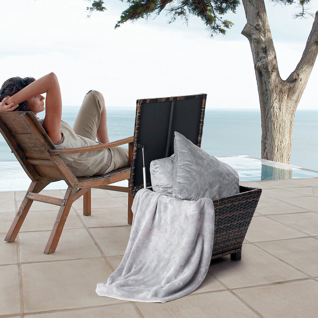 Outdoor PE Wicker Side Table with Storage, Small Patio Storage Bin Container for Hose Cushion Towel, Brown（SAME AS 46755449）