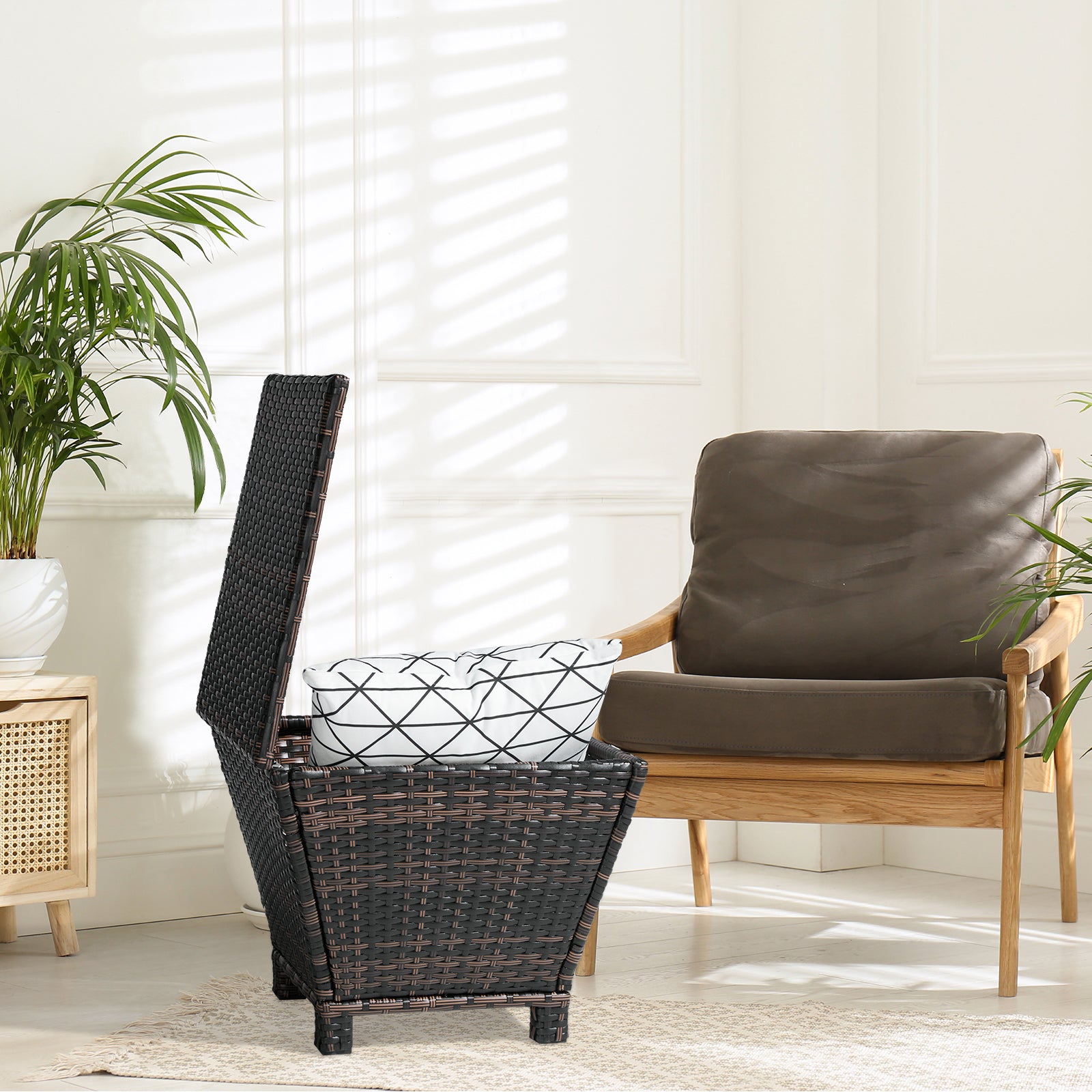 Outdoor PE Wicker Side Table with Storage, Small Patio Storage Bin Container for Hose Cushion Towel, Brown（SAME AS 46755449）