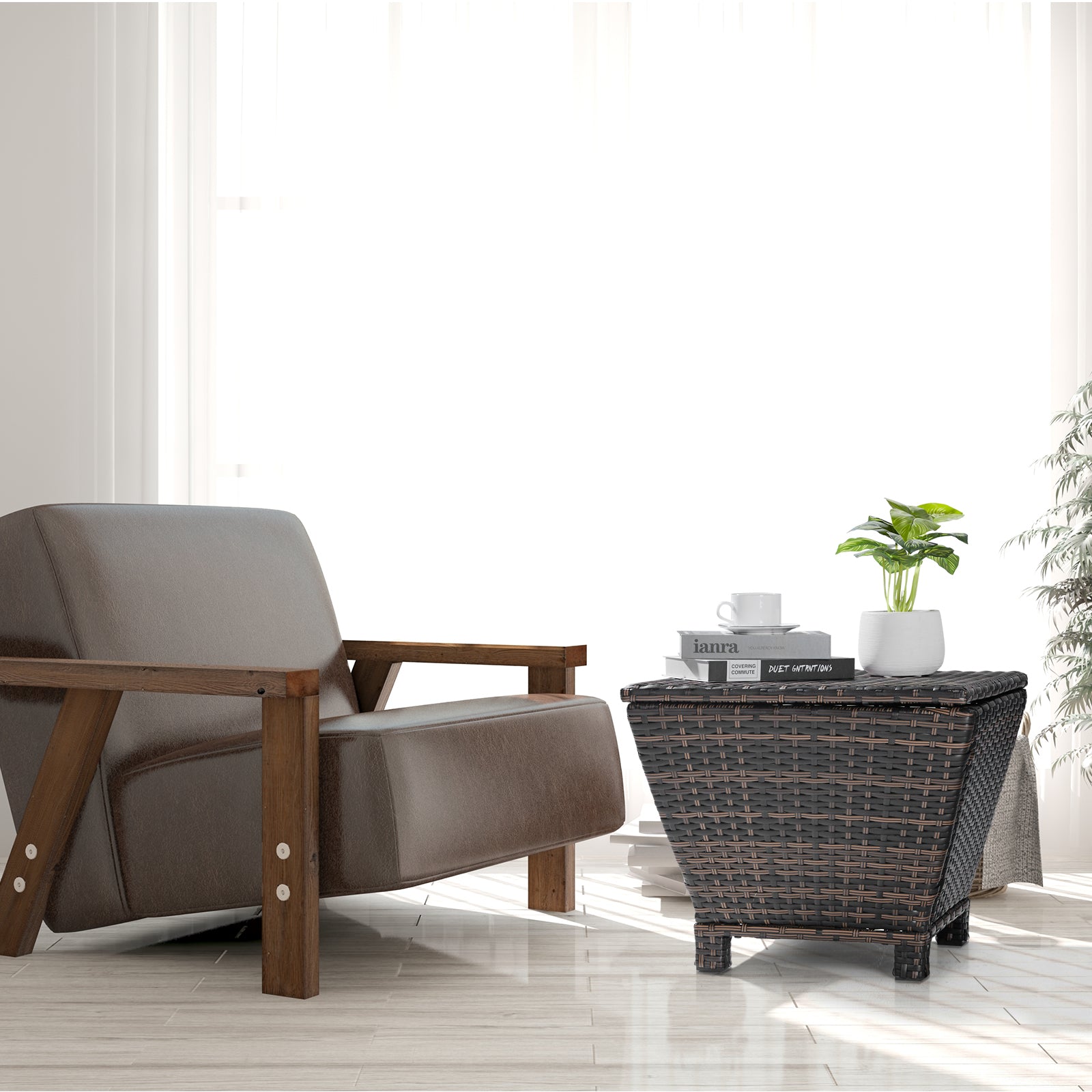 Outdoor PE Wicker Side Table with Storage, Small Patio Storage Bin Container for Hose Cushion Towel, Brown（SAME AS 46755449）