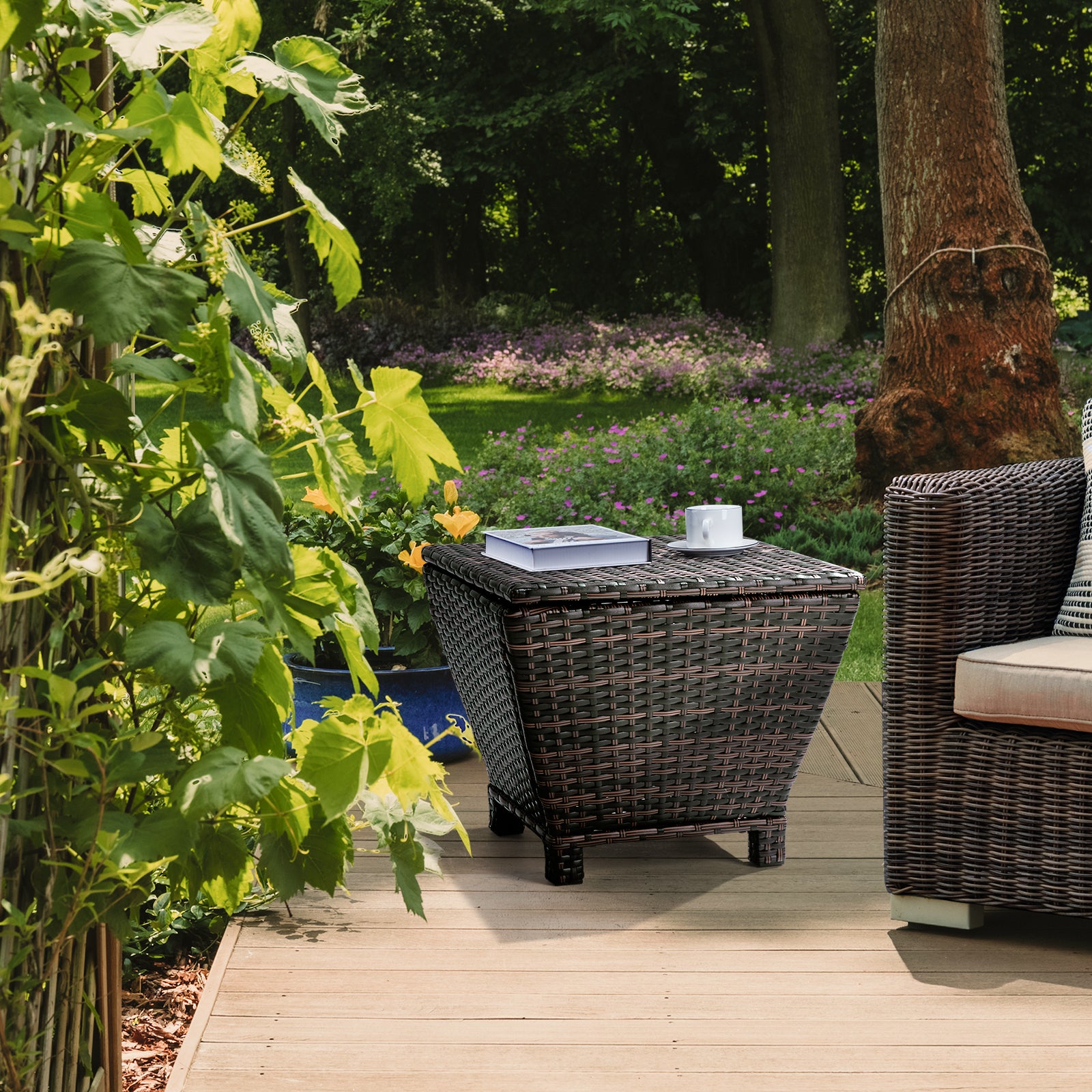 Outdoor PE Wicker Side Table with Storage, Small Patio Storage Bin Container for Hose Cushion Towel, Brown（SAME AS 46755449）