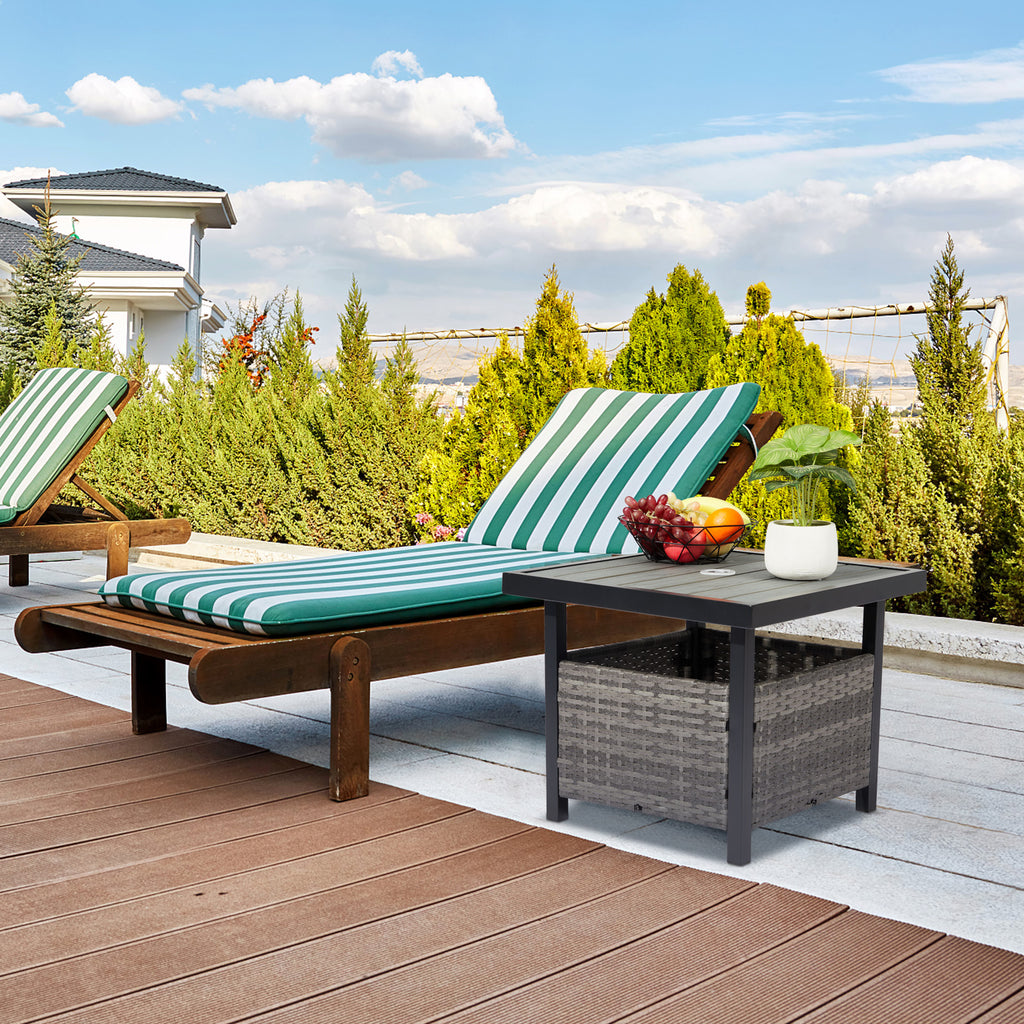 Outdoor Wicker Side Table with Umbrella Hole & Storage Space, Square PE Rattan End Table for Patio Garden Poolside Deck, Grey
