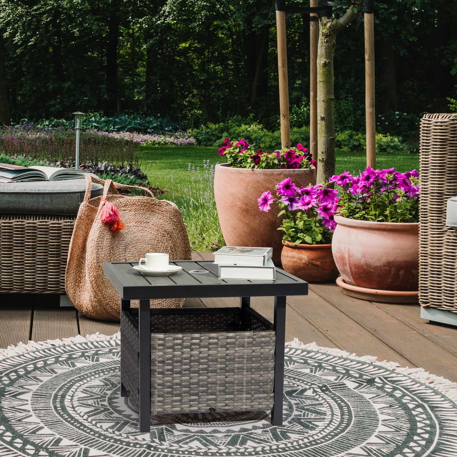 Outdoor Wicker Side Table with Umbrella Hole & Storage Space, Square PE Rattan End Table for Patio Garden Poolside Deck, Grey
