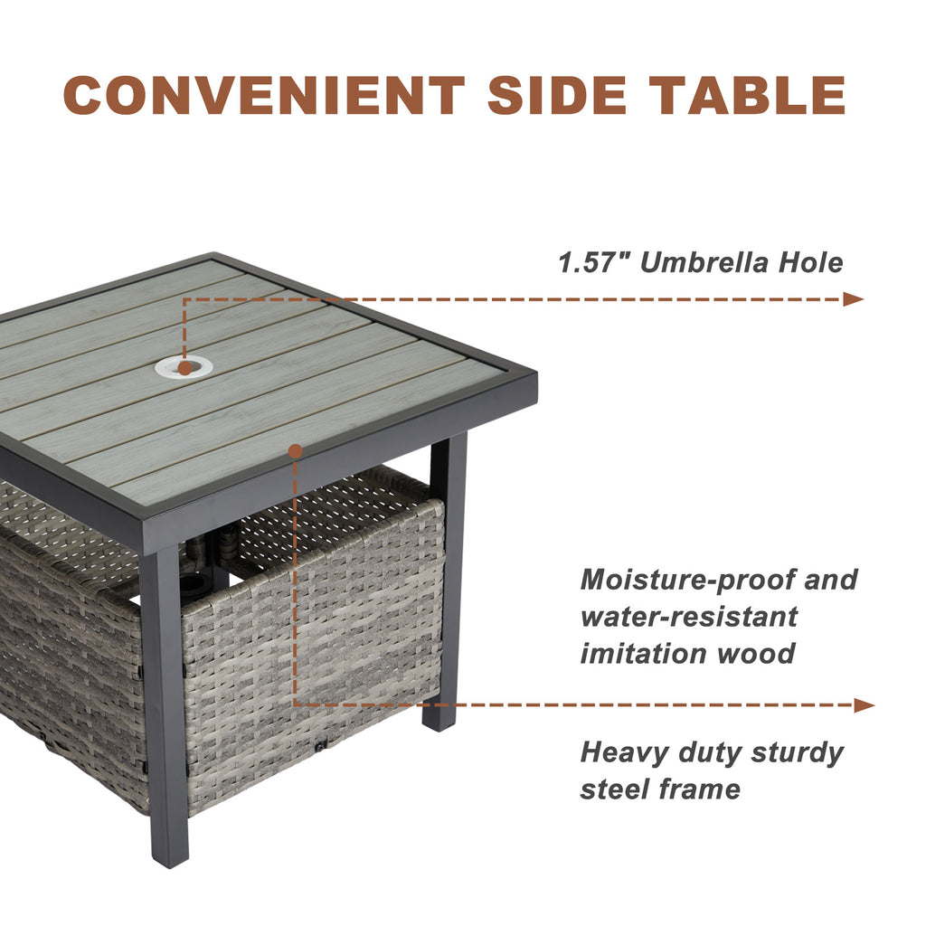 Outdoor Wicker Side Table with Umbrella Hole & Storage Space, Square PE Rattan End Table for Patio Garden Poolside Deck, Grey