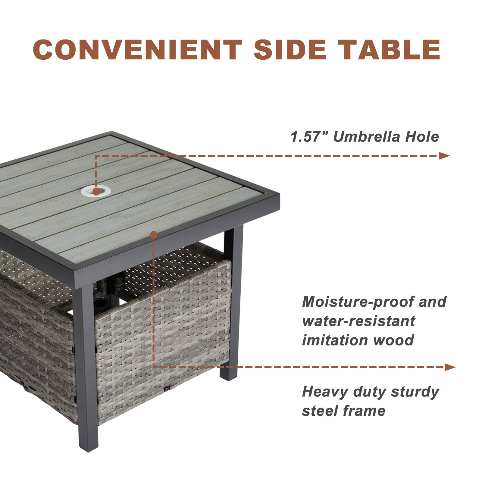 Outdoor Wicker Side Table with Umbrella Hole & Storage Space, Square PE Rattan End Table for Patio Garden Poolside Deck, Grey