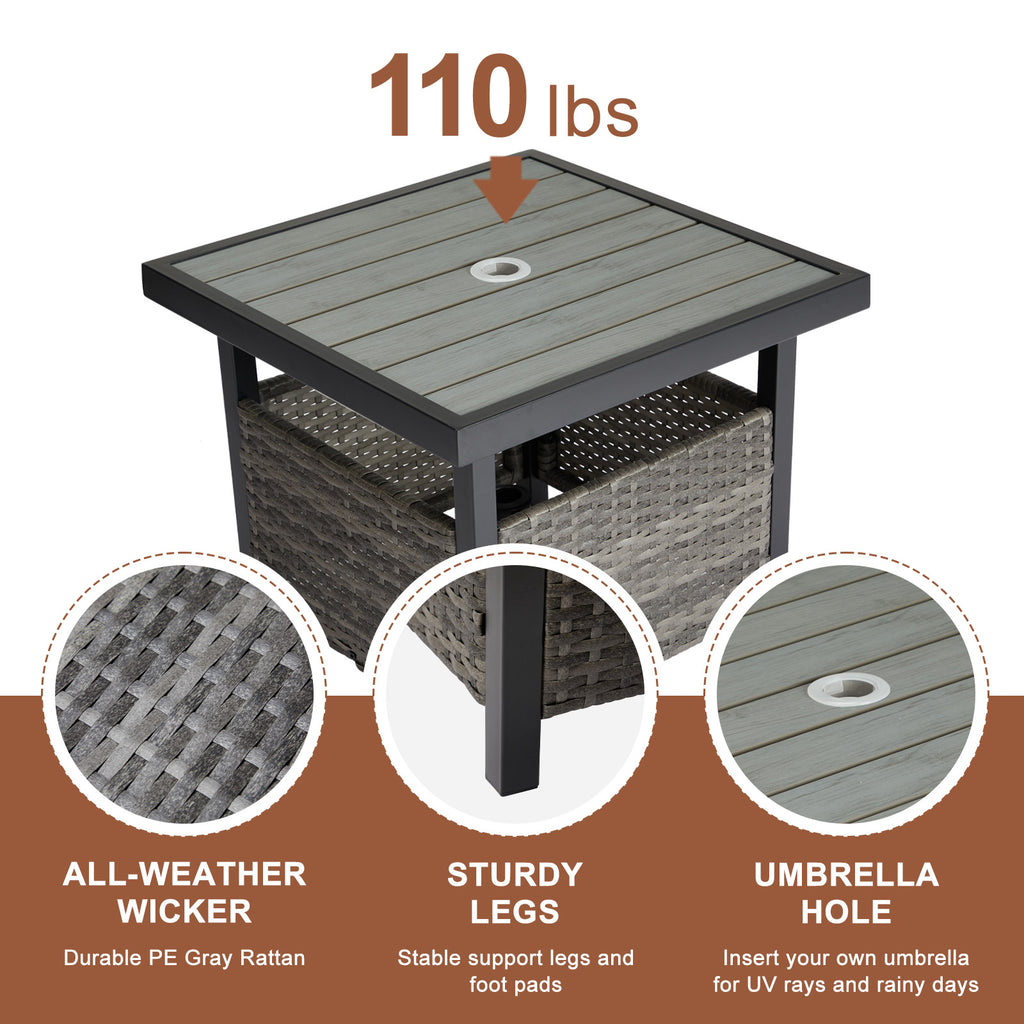 Outdoor Wicker Side Table with Umbrella Hole & Storage Space, Square PE Rattan End Table for Patio Garden Poolside Deck, Grey