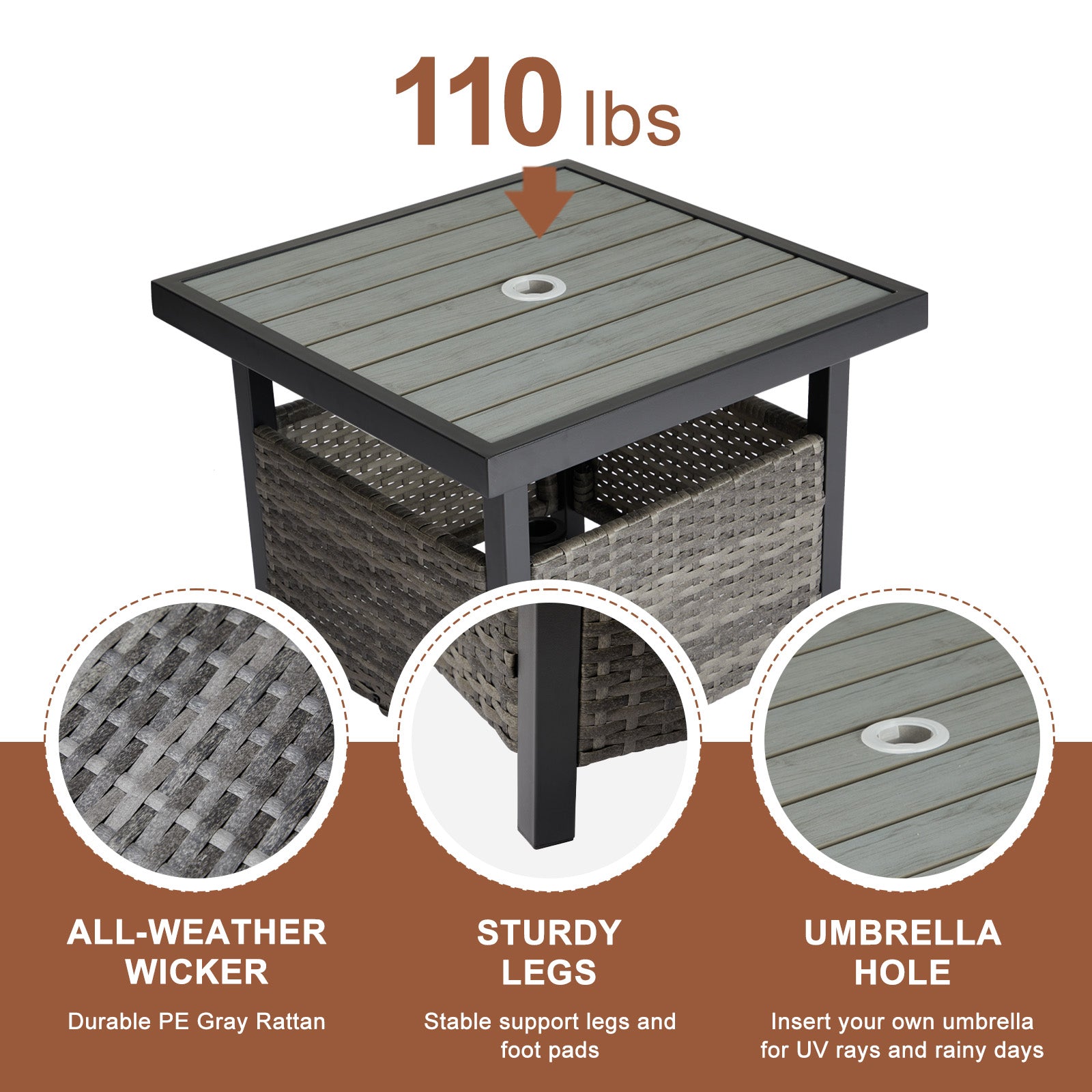 Outdoor Wicker Side Table with Umbrella Hole & Storage Space, Square PE Rattan End Table for Patio Garden Poolside Deck, Grey