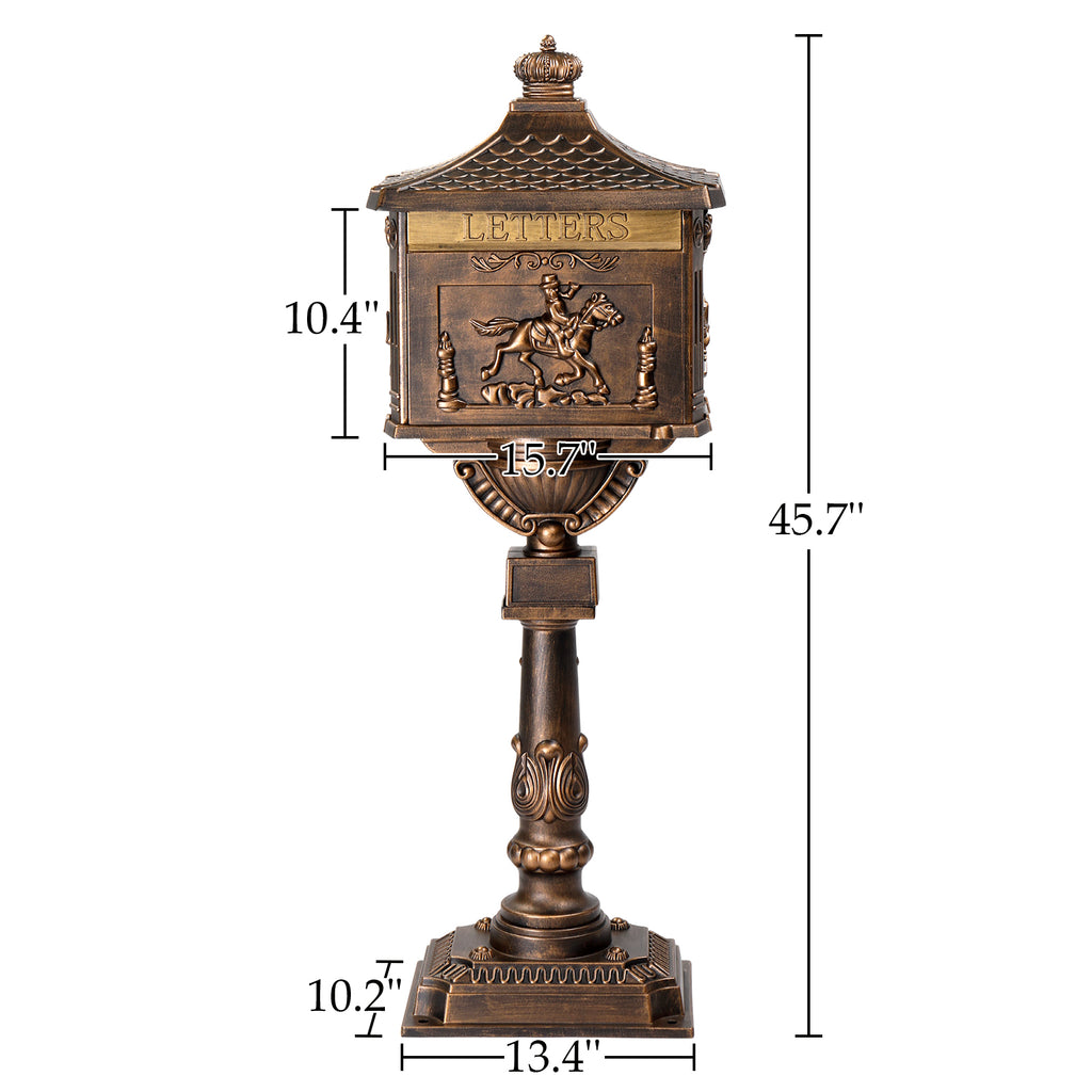Cast Aluminum Mailbox with Post, Heavy Duty Postal Box with 2 Keys, Baffle Door, Expansion Bolts, Address Panel, In-Ground Large Security Mailbox for Outside, Antique Bronze