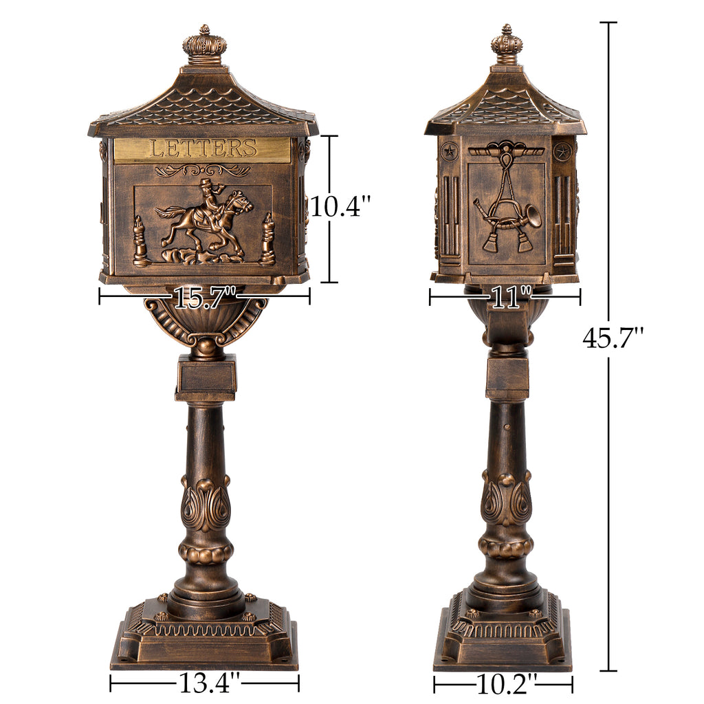 Cast Aluminum Mailbox with Post, Heavy Duty Postal Box with 2 Keys, Baffle Door, Expansion Bolts, Address Panel, In-Ground Large Security Mailbox for Outside, Antique Bronze