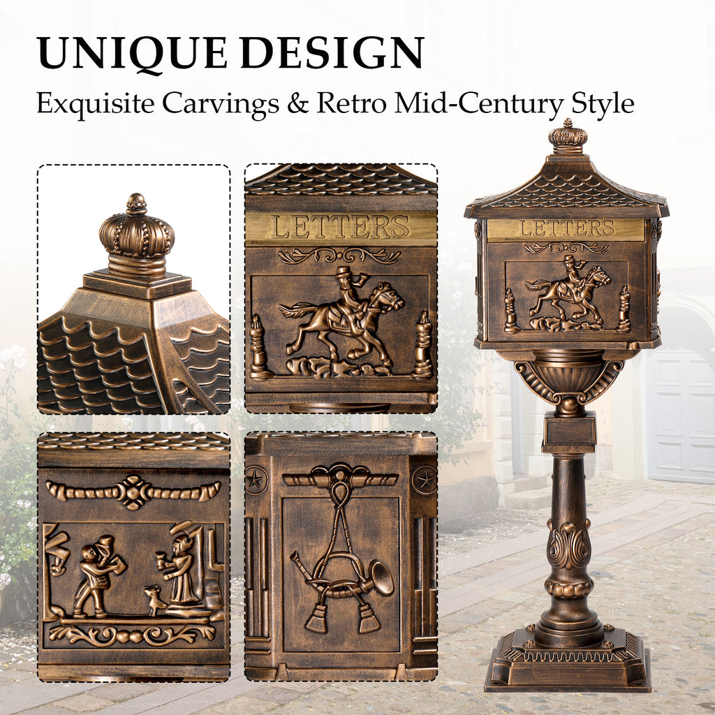Cast Aluminum Mailbox with Post, Heavy Duty Postal Box with 2 Keys, Baffle Door, Expansion Bolts, Address Panel, In-Ground Large Security Mailbox for Outside, Antique Bronze