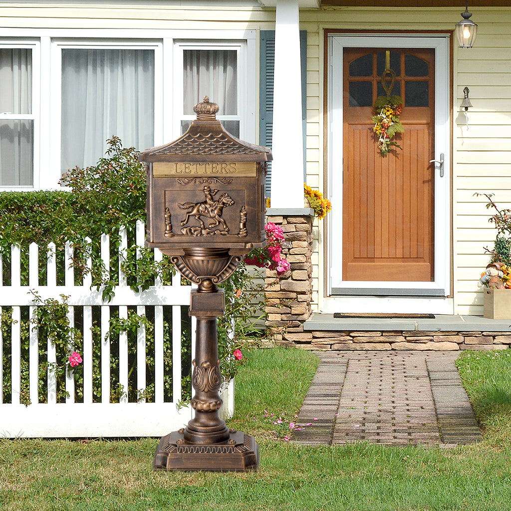 Cast Aluminum Mailbox with Post, Heavy Duty Postal Box with 2 Keys, Baffle Door, Expansion Bolts, Address Panel, In-Ground Large Security Mailbox for Outside, Antique Bronze