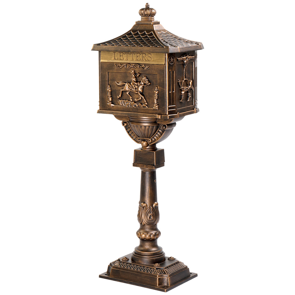 Cast Aluminum Mailbox with Post, Heavy Duty Postal Box with 2 Keys, Baffle Door, Expansion Bolts, Address Panel, In-Ground Large Security Mailbox for Outside, Antique Bronze