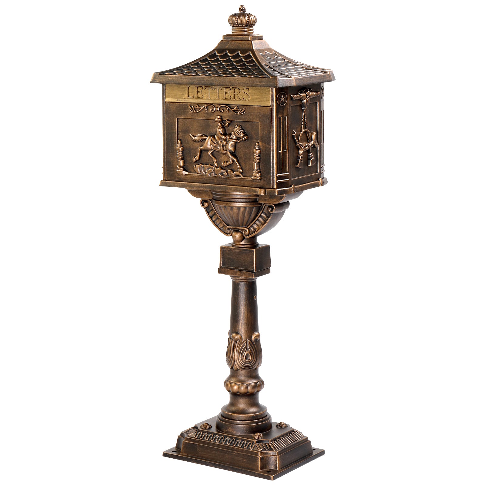 Cast Aluminum Mailbox with Post, Heavy Duty Postal Box with 2 Keys, Baffle Door, Expansion Bolts, Address Panel, In-Ground Large Security Mailbox for Outside, Antique Bronze