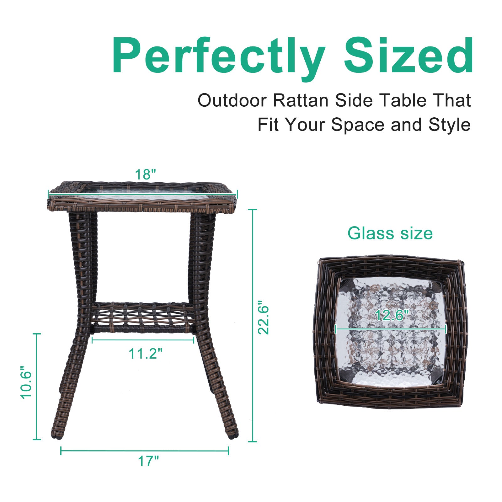 Outdoor Wicker Side Table, Rattan End Table with Glass Top, Patio Coffee Bistro Table for Indoor Garden Porch Balcony, Brown