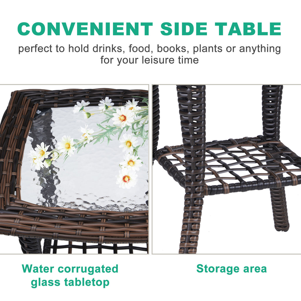 Outdoor Wicker Side Table, Rattan End Table with Glass Top, Patio Coffee Bistro Table for Indoor Garden Porch Balcony, Brown