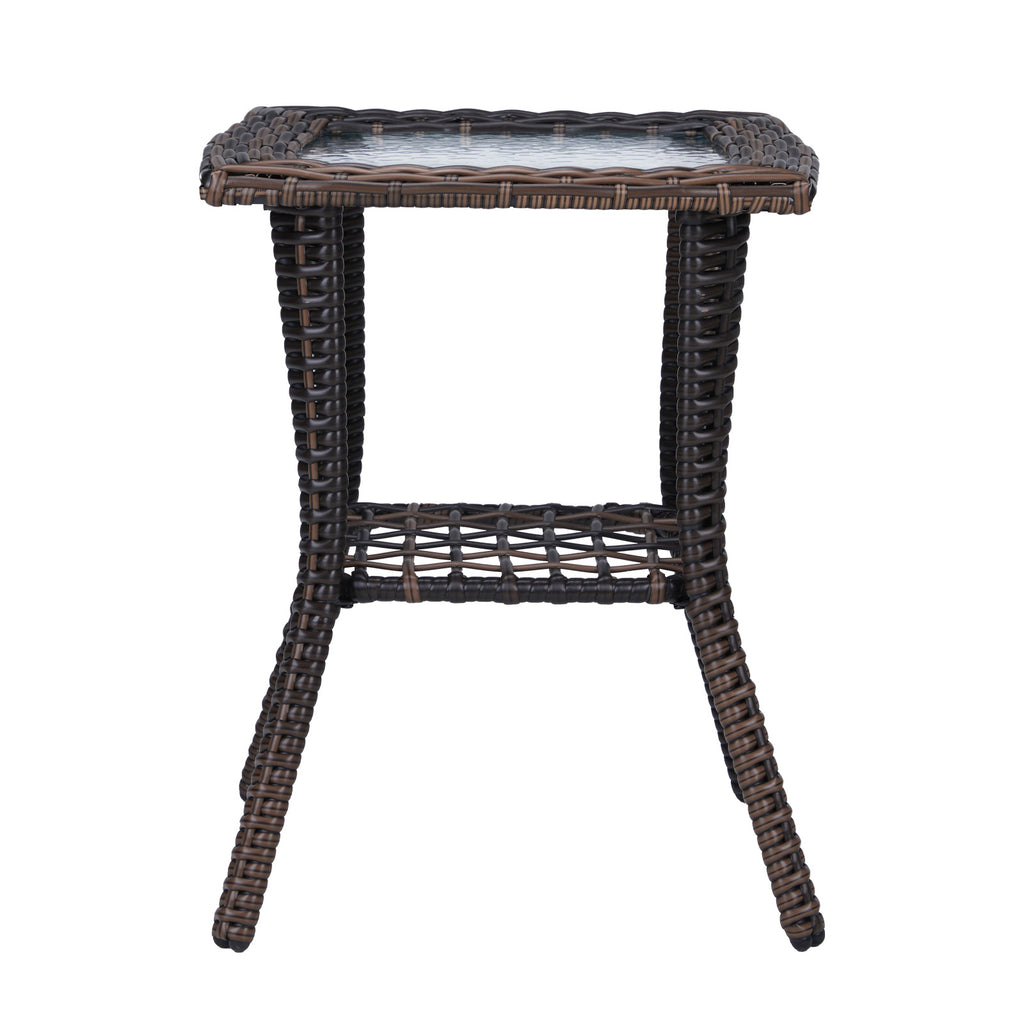 Outdoor Wicker Side Table, Rattan End Table with Glass Top, Patio Coffee Bistro Table for Indoor Garden Porch Balcony, Brown