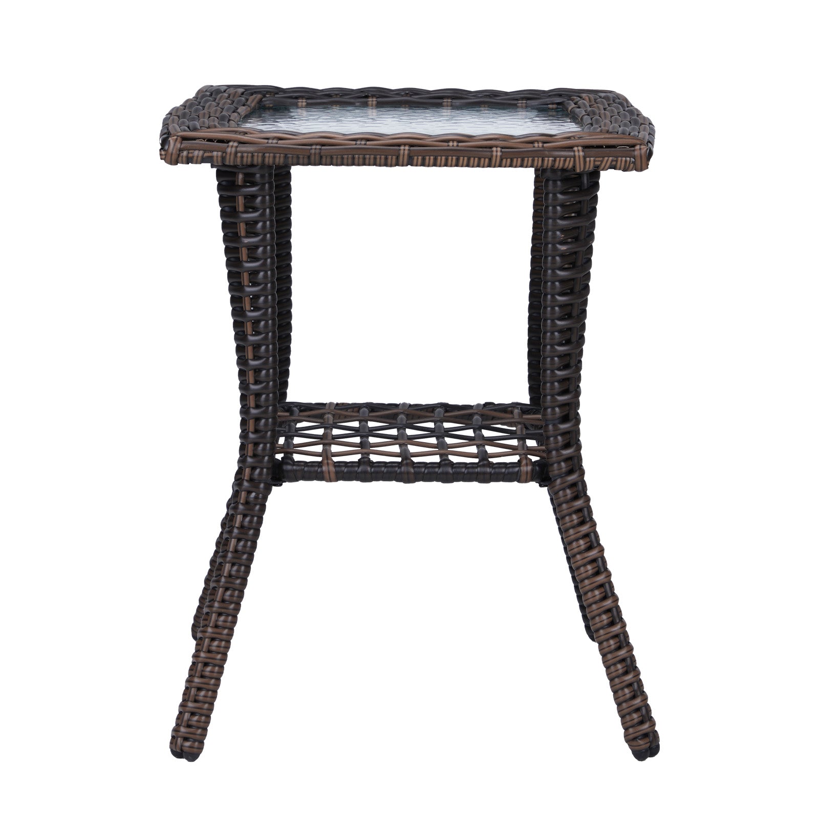 Outdoor Wicker Side Table, Rattan End Table with Glass Top, Patio Coffee Bistro Table for Indoor Garden Porch Balcony, Brown