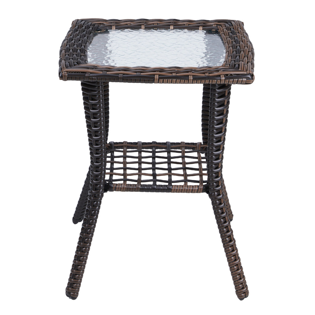 Outdoor Wicker Side Table, Rattan End Table with Glass Top, Patio Coffee Bistro Table for Indoor Garden Porch Balcony, Brown